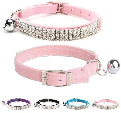 BINGPET Diamond Cat Collar,Adjustable Soft Velvet Leather Safe Kitten Collar with Shiny Rhinestones and Bells,Girl Boy Bling Stylish Cat Collars with Safety Elastic for Small Medium Cats（Pink）