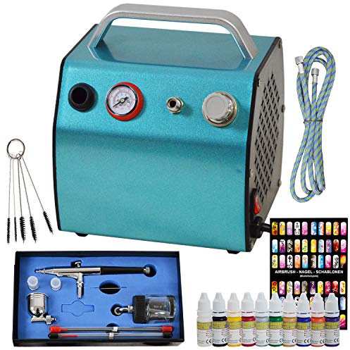 Set aérographe professionnel COMPRESSEUR BEAUTY KIT I Couleurs airbrush ongle et pochoirs Set + brosses de nettoyage avec compresseur aérographe très silencieux, pistolet AirBrush universel