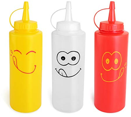 New Star Foodservice Condiment Squeeze Bottle Set, 12 Oz, Plastic, Smiley Face Design + Caps, Red, Yellow and Clear, 3-Pack
