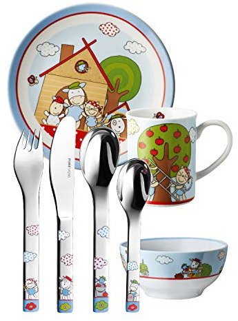 Puresigns Kindergeschirr Set FERME - Bezauberndes 7-teiliges Geschirrset im Bauernhof-Look für Kinder - kindgerecht & spülmaschinenfest Fantasievolles Besteck für kleine Entdecker