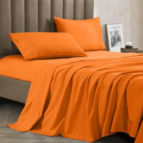 CELINE LINEN Soft Bed Sheets Deep Pocket 4-Piece, King, Vibrant Orange