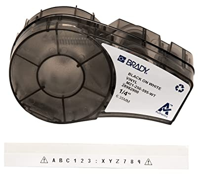 Brady Ruban d’étiquettes vinyles étiqueteuses M211 et M210 - Étiquettes imprimables vinyles adhésives -Noir sur blanc (6.35mm x 6.40m) -M21-250-595-WT