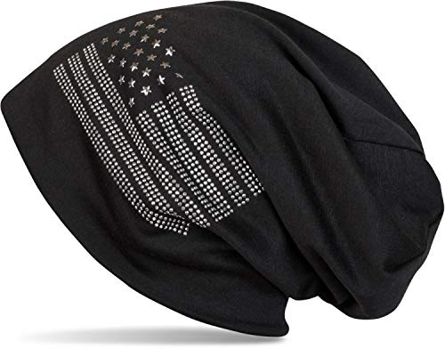 styleBREAKER Beanie Mütze USA Flaggen Design mit Strass-Applikationen, Unisex, Jersey leicht Übergang Frühling Herbst, Farbe:Schwarz