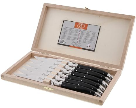 Jean Dubost Laguiole 6-Piece Steak Knife Set, Black Handles - 2.5 mm Blades - Rust-Resistant Stainless Steel - Includes Wooden Box - Made in France