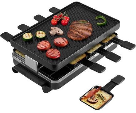 Swissmar Classic 8-Person Raclette Party Grill - Indoor Electric Grill & Griller with Reversible Cast Iron Grill Plate/Crepe Top - Anthracite Black
