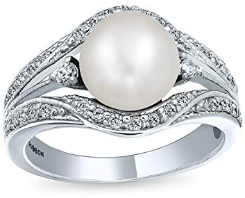 Bague de fiançailles personnalisée pour femme de style Art Déco avec perle d'eau douce blanche, déclaration cocktail, pavée à triple bande fendue en argent sterling .925 personnalisable.