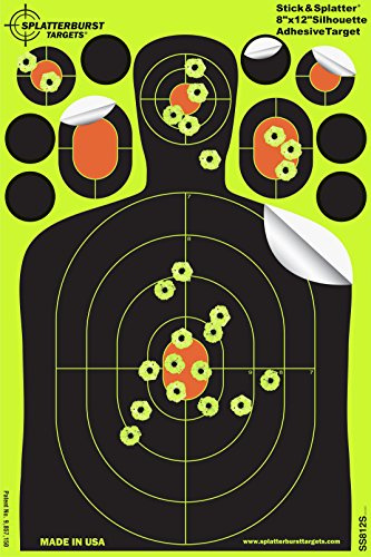 25 Pack - 8x12 Silhouette Stick & Splatter - Adhesive SPLATTERBURST Shooting Targets - Instantly See Your Shots Burst Bright Fluorescent Yellow Upon Impact - Great for all firearms, rifles, pistols, AirSoft, BB & Pellet guns!