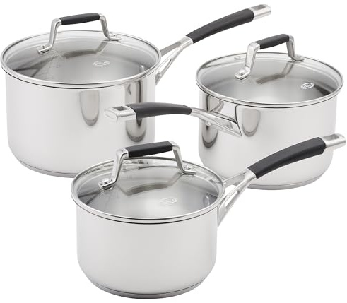 Stellar Flow Set of 3 Stainless Steel Saucepans with Glass Lids, 16cm, 18cm & 20cm, Oven Safe, Induction Ready