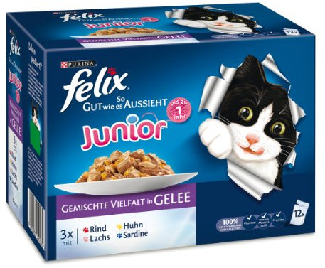 Felix So gut wie es aussieht Junior 12er-Multpacks (Rind, Huhn, Lachs, Sardine) 12x100g, Katzenfutter von Purina, 3er Pack (3 x 1.2 kg)