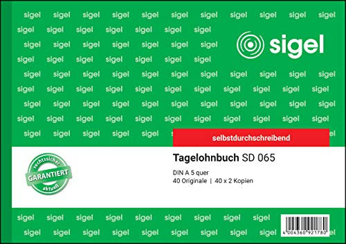 SIGEL SD065/5 Tagelohnbuch A5 quer, 3x40 Blatt, selbstdurchschreibend, 5 Stück, mikroperforiert, mit Abheftlochung, aus nachhaltigem Papier