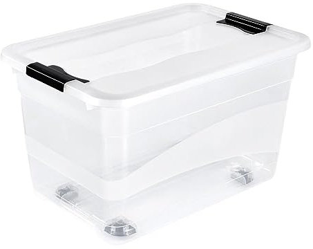 keeeper Aufbewahrungsbox mit Rollen, Deckel und Schiebeverschluss, 59,5 x 39,5 x 35 cm, 52 l, Konrad, Transparent