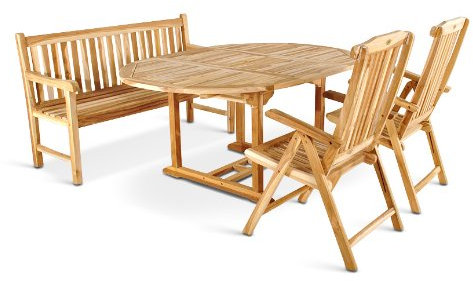SAM 4tlg. Gartengruppe Borneo, Teak-Holz Gartenmöbel, 1 x Ausziehtisch + 2 x Hochlehner Aruba + 1 x 3er Sitzbank Caracas