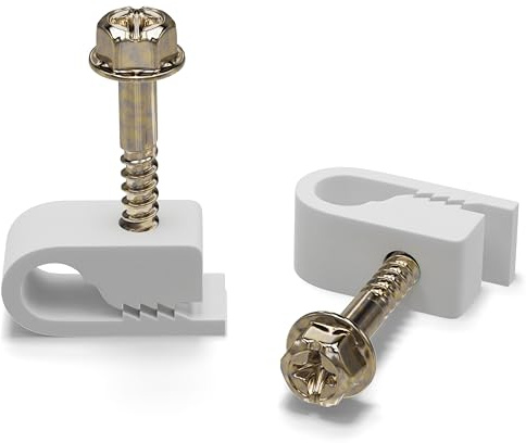 THE CIMPLE CO - Single Coaxial Cable Clips, Cat6, Electrical Wire Cable Clip, 1/4 in (6 mm) Screw Clip and Fastener, White (100 Pieces per Bag)