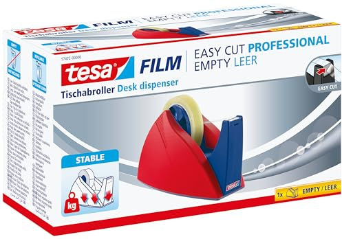 tesa Easy Cut Professional - Standfester Tischabroller für tesafilm - zur Verarbeitung von großen Klebefilmrollen - Rot/Blau