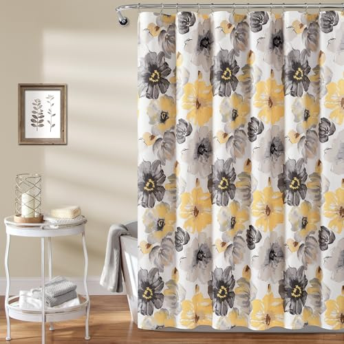 Lush Decor Leah Floral Shower Curtain, 72 W x 72 L, Yellow & Gray - Pretty Yellow Shower Curtain - Spring Decor - Colorful Blooming Flowers - Country Cottage & Farmhouse Bathroom Decor