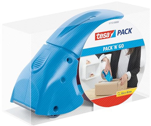 tesa tesapack Hand Dispenser Pack-N-Go - Ergonomic Handheld Blue Packaging Tape Dispenser for Packing Tape, Includes 50 m x 48 mm Tape Roll