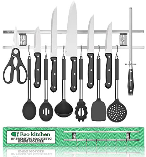 Magnetic Knife Holder for Wall - Stainless Steel Knife Magnetic Strip 18 Inch - Wall Knife Magnet Bar Rack With Hooks