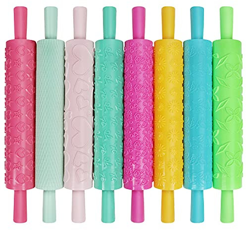 Kurtzy 8 Pack Embossed Rolling Pin Set - Textured Non-Stick Kit with Designs & Patterns - Ideal for Dough, Fondant, Pastry, Cookies, Pie, Cakes, Icing & Clay - Use for Baking in Kitchens