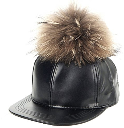 TOSKATOK TM Damen Mädchen Fauxleder 5 Panel Baseballcap MIT FUR POM POM