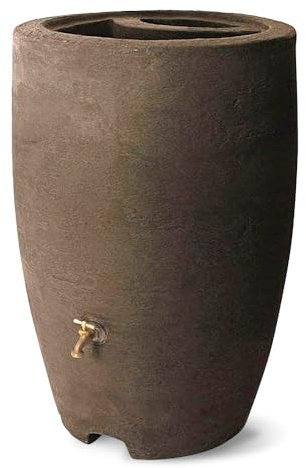 Algreen Plastic Rain Barrel, 50 Gallon Drum - Rainwater Tank w/Brass Spigot & Screen Guard for Rain Water Collection & Storage - Athena, Brownstone