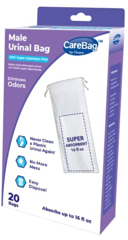 The Original Carebag Male Urinal Bag with Super Absorbent Pad, 60 Count (3 Boxes of 20) – Medical Grade, Disposable Travel Urinals – Plastic Urinal Bottle Bags for Bedside Emergency