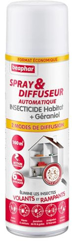 BEAPHAR – Spray & Diffuseur automatique insecticide habitat – Tue les insectes volants, rampants, les œufs et larves – Permet de traiter 160 m² – Action longue durée jusqu'à 6 mois – Flacon 500 ml