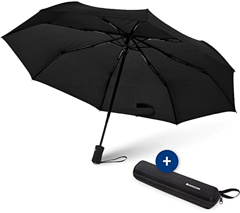 SWISSONA 1x Regenschirm in schwarz, Winddicht, leicht & kompakt, Auf-Zu-Automatik inkl. Schirm Tasche | Taschenschirm, Reise-Regenschirm, Outdoor-Regenschirm, Automatik-Regenschirm
