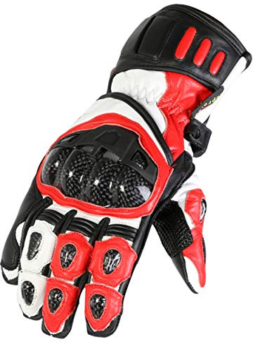 Texpeed Motorcycle Mens Leather Riding Gloves Motorbike Moped Biker Air Vented With Armour Protection Red White Black - XL