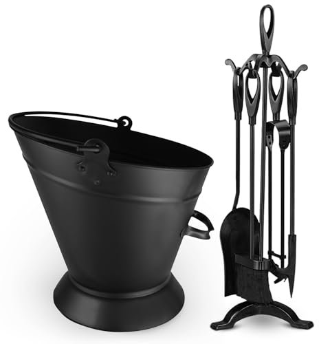 FB Funkybuys 5 Piece Fireside Companion Set for Log Burner – Traditional Black Heavy Duty Fire Poker Set for Wood Burners – Tools Set Include Coal Tongs Hearth Brush Fire Shovel Stand Ash Bucket