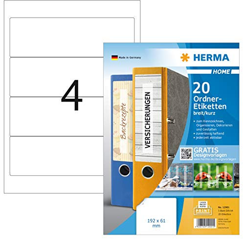 HERMA 12901 Ordnerrücken Etiketten ablösbar kurz breit, 20 Stück, 192 x 61 mm, 4 pro A4 Bogen, selbstklebend, bedruckbar, blickdicht, blanko Papier Ordneretiketten Rückenschilder Aufkleber, weiß