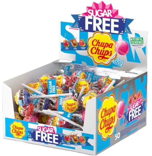 Chupa Chups Sugar Free Lollipop Display Box, Cherry, Cola & Strawberry Flavoured Assorted Party Sweets - 50 Lollies