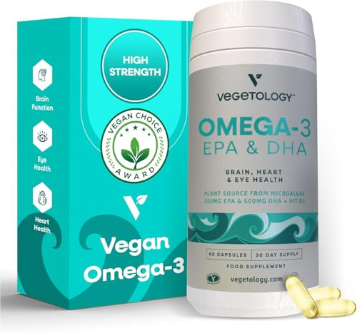 Vegetology, Vegan Omega 3 Capsules High Strength, 800mg of EPA DHA from Algae Oil, with Added Vitamin D3, Supports Heart, Brain Function and Eye Health, 60 Capsules, UK Made