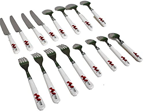 16 Bestecke : 4x Löffel, 4x Gabeln, 4x Messer, 4x Teelöffel - Rotes Mohnblumen-Design auf weißem Hintergrund Sehr schönes elegantes Vintage-Design in Edelstahl und PVC Geburtstagsgeschenk