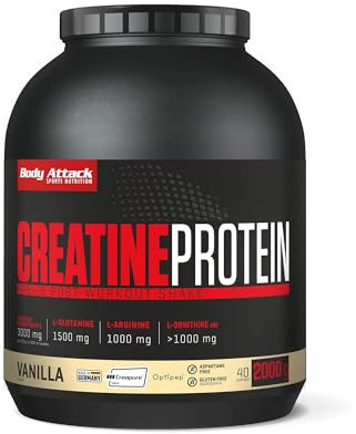 Body Attack Creatine Protein - Vanilla 2 kg - 100% Whey-Casein Mix-Protein mit 3.000 mg Creapure, Optipep, Arginin & Glutamin - Eiweißreicher Post- & Pre-Workout-Shake - Glutenfrei, fettarm