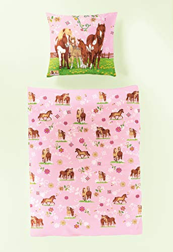 Bierbaum 2217 Bettwäsche Pferdefreunde, Designed in Germany, 135 x 200 cm, rosa 01, Renforcé