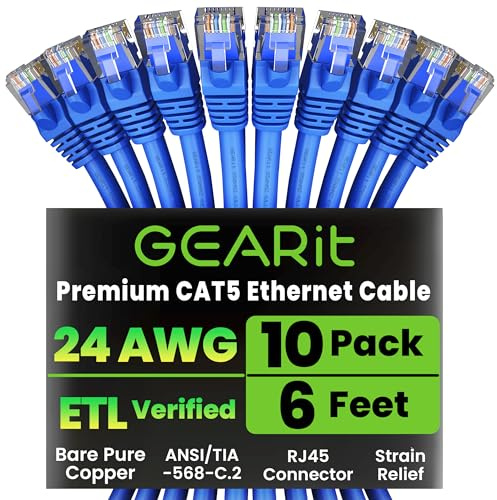 GearIT 10-Pack, Cat5e Ethernet Patch Cable 6 Feet - Snagless RJ45 Computer LAN Network Cord, Blue - Compatible with 10 Port Switch POE 10port Gigabit