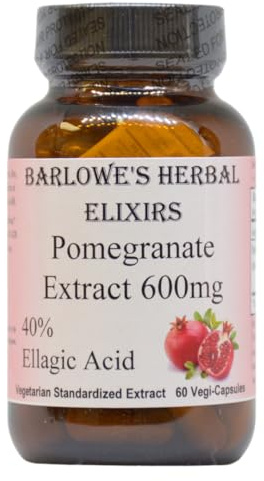 Barlowe's Herbal Elixirs Pomegranate | Extract | 600 mg Per Capsule | Standardized 40% Ellagic Acid | Rich Source of Antioxidants | 60 Veggie Capsules | Glass Bottled | Stearate Free