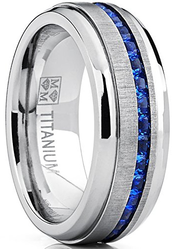 Metal Masters Men's Titanium Wedding Band Engagement Ring W/Blue Simulated Sapphire Cubic Zirconia Princess CZ 13
