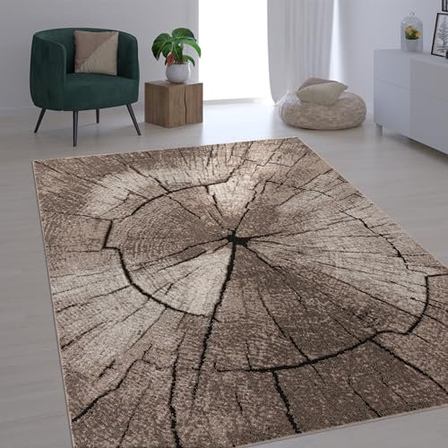 Paco Home Alfombra De Salón De Diseño Elegante Estampado De Tronco De Madera Natural Gris Marrón Beige, tamaño:140x200 cm