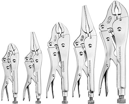 WORKPRO 5 Piezas Juego de Alicates de Bloqueo, Pinzas de Presión Acero Cr-V, Alicates de Fijación, Mandíbula Curvada de 15cm, 20cm y 27cm, Mandíbula Recta de 30cm y 32cm