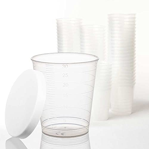 ZLYSYCM .de 300x Medikamentenbecher, 30ml - bruchsicher, Schnapsbecher, Medizinbecher (Transparent + Deckel)