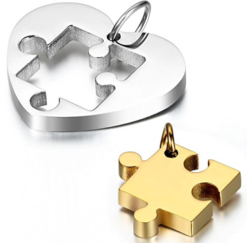JewelryWe 2pcs Couples Stainless Steel Heart Puzzle Pendant Love Necklace Set for Men Women, 18 and 21.3 inch Chain, Gold Silver
