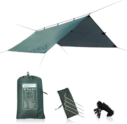 DD Hammocks - DD Tarp 3x3 - Verde Oliva - Leggero, 100% Impermeabile Resistente Shelter con Picchetti & Tiranti per Campeggio Bushcraft & Escursioni