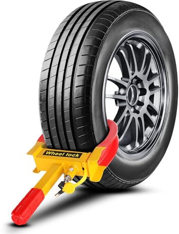 Flexzion Wheel Lock Clamp Anti-Theft Towing Parking Boot Tire Claw Heavy Duty Adjustable for Auto Car Rv Truck Boat Trailer Automotive Golf Carts with Two Keys in Red & Yellow