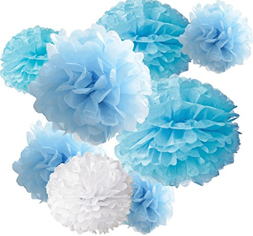 18pcs Tissue Hanging Paper Pom-poms, Hmxpls Flower Ball Wedding Party Outdoor Decoration Premium Tissue Paper Pom Pom Flowers Craft Kit (Blue & White), 8/ 10/ 12