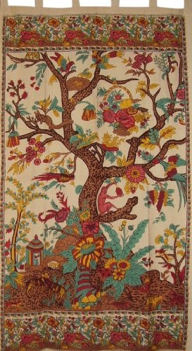 India Arts Tree of Life Tab Top Curtain Drape Panel Cotton 44 x 88 Beige