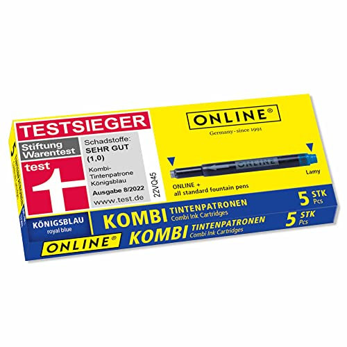 ONLINE Kombi-Tintenpatronen, Universal-Patronen, kompatibel mit allen gängigen Füllern, auch Lamy-Füller, Ersatz-Patronen, löschbar, auswaschbar, Schachtel mit 5 Großraum-Patronen, Farbe: Königsblau
