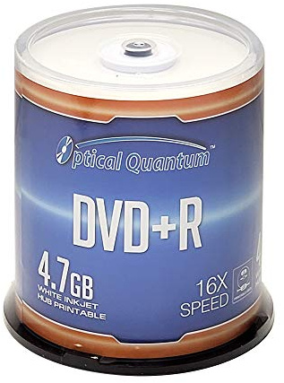 Optical Quantum DVD+R 4.7GB 16X White Inkjet Printable Blank DVDs - 100pk Cake Box (FFP), Writable DVD Discs, Recordable DVD+R Discs, 100 Discs