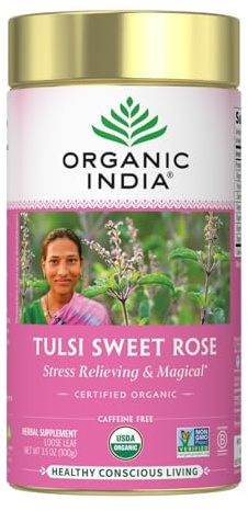 ORGANIC INDIA Tulsi Sweet Rose Herbal Tea - Holy Basil Leaf, African Basil, Chamomilie, Lemon Myrtle, Stress Relieving, Immune Support, USDA Certified Organic, Caffeine-Free - 3.5 oz Canister