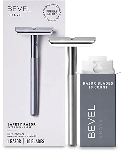 Bevel Safety Razor with Brass Weighted Handle and 10 Double Edge Safety Blade Refills, Single Blade Razor for Men, Designed for Coarse Hair to Prevent Razor Bumps - Silver (Packaging May Vary)